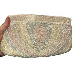 Vintage beaded HANDMADE pink aqua yellow white pastel clutch bag purse